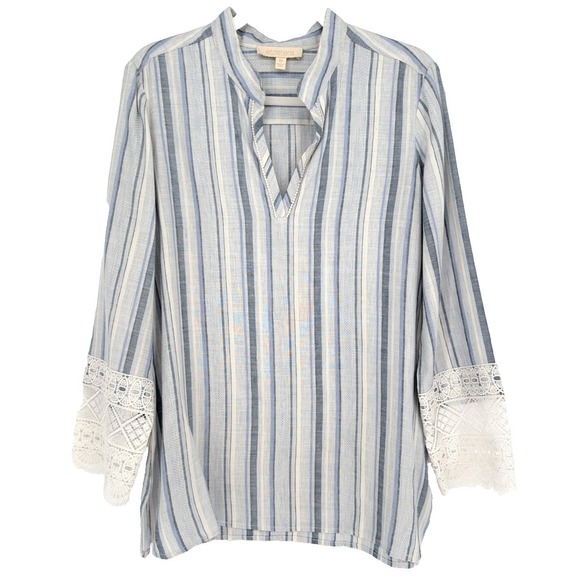 Etcetera Tops - Etcetera Blue White Striped V Neck Linen Blend Tunic Lace Trim Coastal Preppy 10